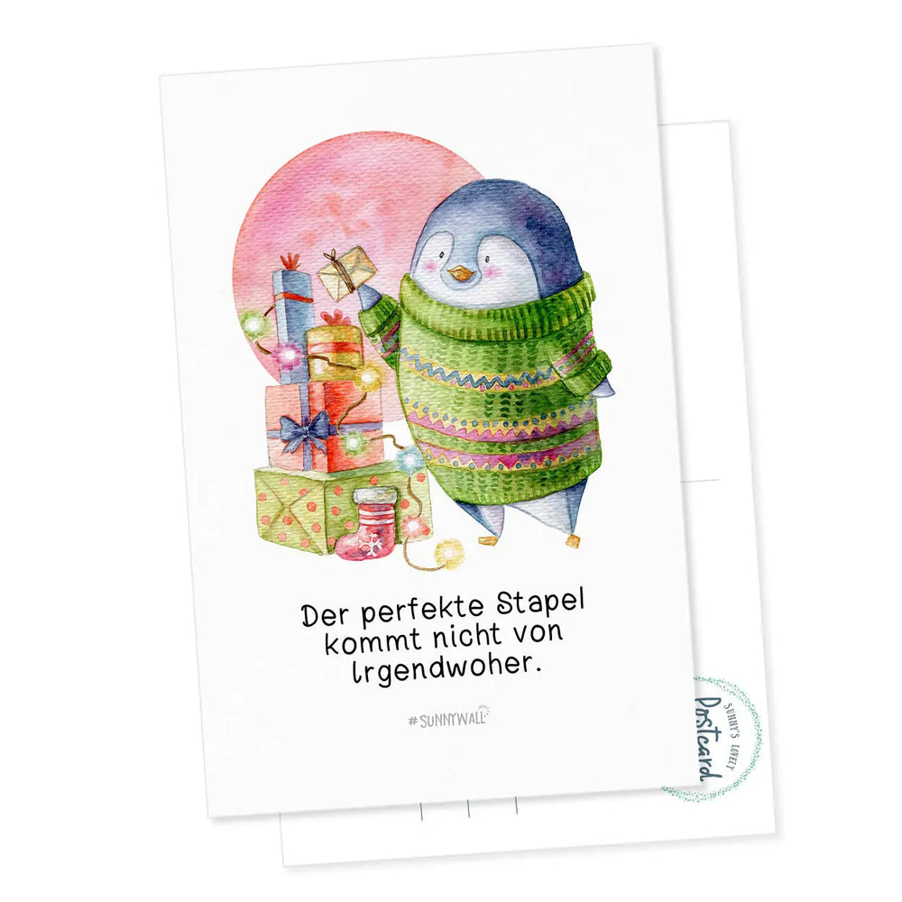 Postkarte Pinguin Nigel Der perfekte Stapel kommt nicht von Irgendwoher Sunnywall