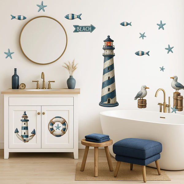 Wandtattoo Maritim Set – Leuchtturm, Anker, Möwen & Seesterne als maritime Wanddeko