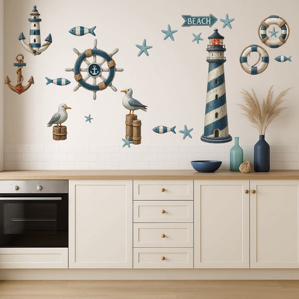 Wandtattoo Maritim Set – Leuchtturm, Anker, Möwen & Seesterne als maritime Wanddeko
