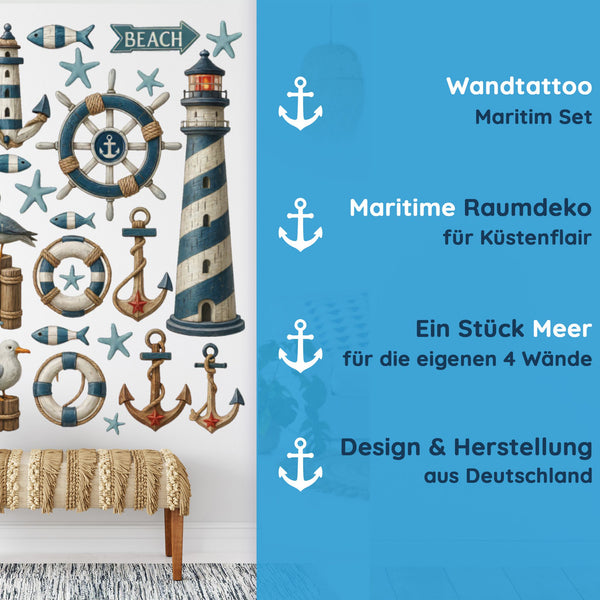 Wandtattoo Maritim Set – Leuchtturm, Anker, Möwen & Seesterne als maritime Wanddeko