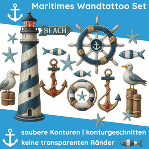 Wandtattoo Maritim Set – Leuchtturm, Anker, Möwen & Seesterne als maritime Wanddeko