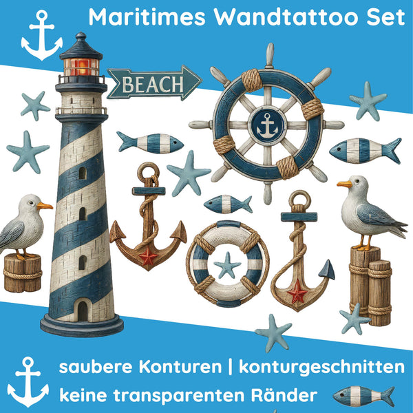 Wandtattoo Maritim Set – Leuchtturm, Anker, Möwen & Seesterne als maritime Wanddeko