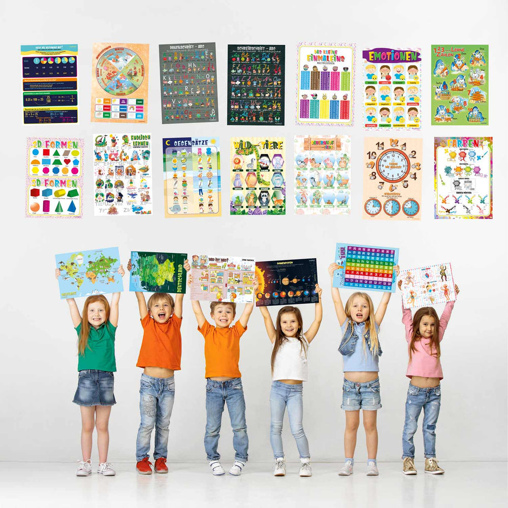 Sunnywall® 20 Lernposter A3 im Set + Bonus Ausmal - Lernhilfen für Kinder Vorschule Grundschule Schule Lesen Schreiben ABC Rechnen - Sunnywall - Individualität trifft Design