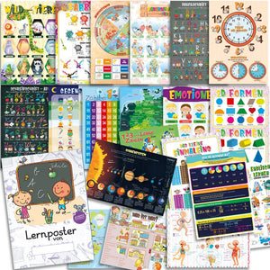 Sunnywall® 20 Lernposter A3 im Set + Bonus Ausmal - Lernhilfen für Kinder Vorschule Grundschule Schule Lesen Schreiben ABC Rechnen Sunnywall