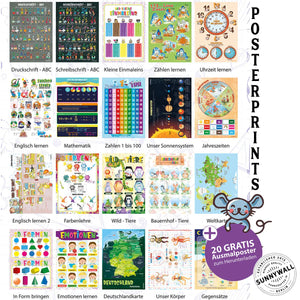 Sunnywall® 20 Lernposter A3 im Set + Bonus Ausmal - Lernhilfen für Kinder Vorschule Grundschule Schule Lesen Schreiben ABC Rechnen Sunnywall