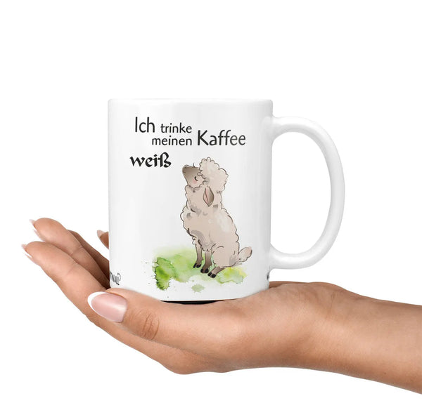 Tasse Spruch | Kaffeetasse - Schaf -  Ich trinke meinen Kaffee WEISS Sunnywall