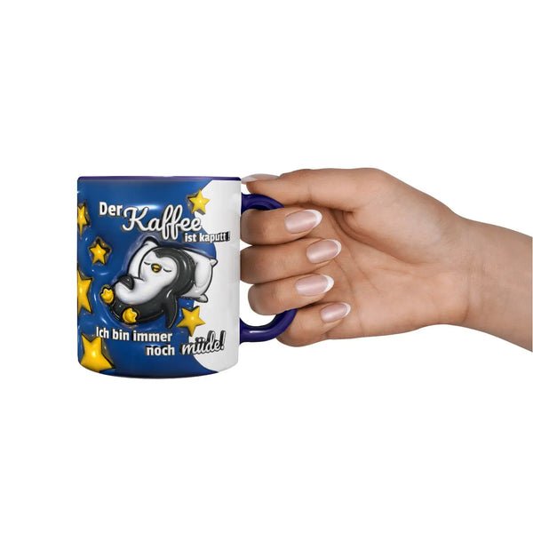 Tasse Spruch | Kaffeetasse | Kaffee kaputt! Ich bin immer noch müde! | Pinguin | blau Sunnywall