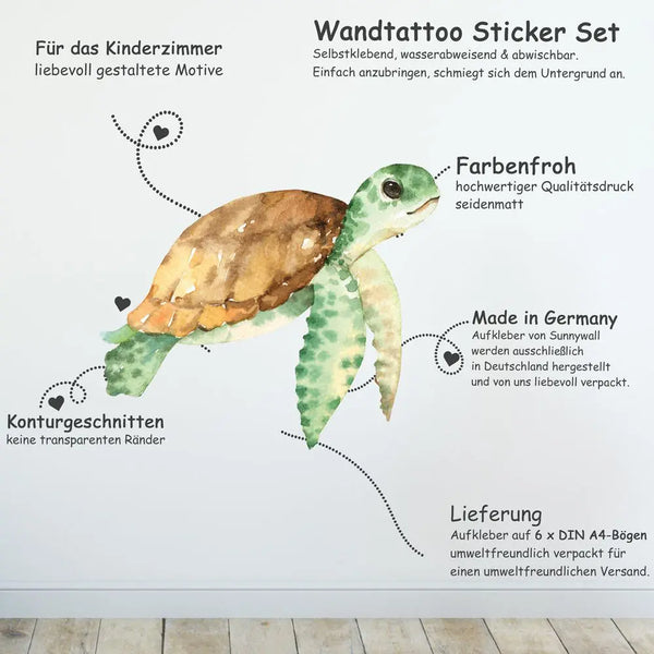 Unterwasserwelt - Wandtattoo Kinderzimmer Baby Wandaufkleber - 6 x A4 Set Sunnywall