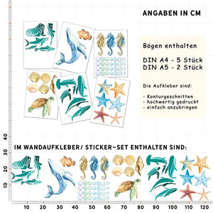 Unterwasserwelt - Wandtattoo Kinderzimmer Baby Wandaufkleber - 6 x A4 Set Sunnywall