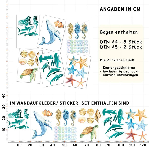 Unterwasserwelt - Wandtattoo Kinderzimmer Baby Wandaufkleber - 6 x A4 Set Sunnywall