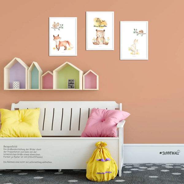 Waldtiere Posterset Kinderzimmer - A4 - Bilder Kinderzimmer 3er Set Sunnywall