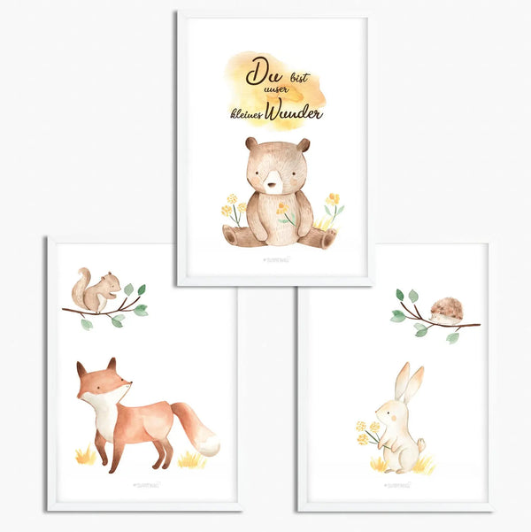 Waldtiere Posterset Kinderzimmer - A4 - Bilder Kinderzimmer 3er Set Sunnywall