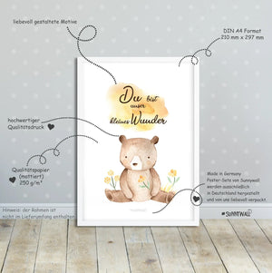 Waldtiere Posterset Kinderzimmer - A4 - Bilder Kinderzimmer 3er Set Sunnywall
