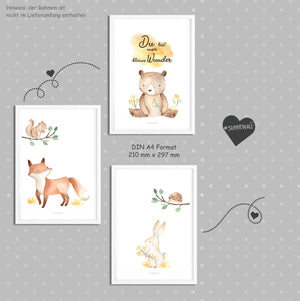 Waldtiere Posterset Kinderzimmer - A4 - Bilder Kinderzimmer 3er Set Sunnywall