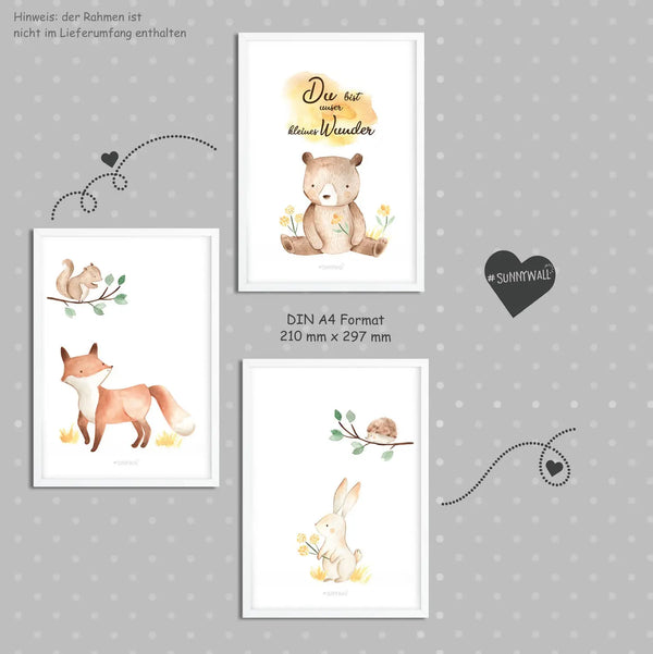 Waldtiere Posterset Kinderzimmer - A4 - Bilder Kinderzimmer 3er Set Sunnywall