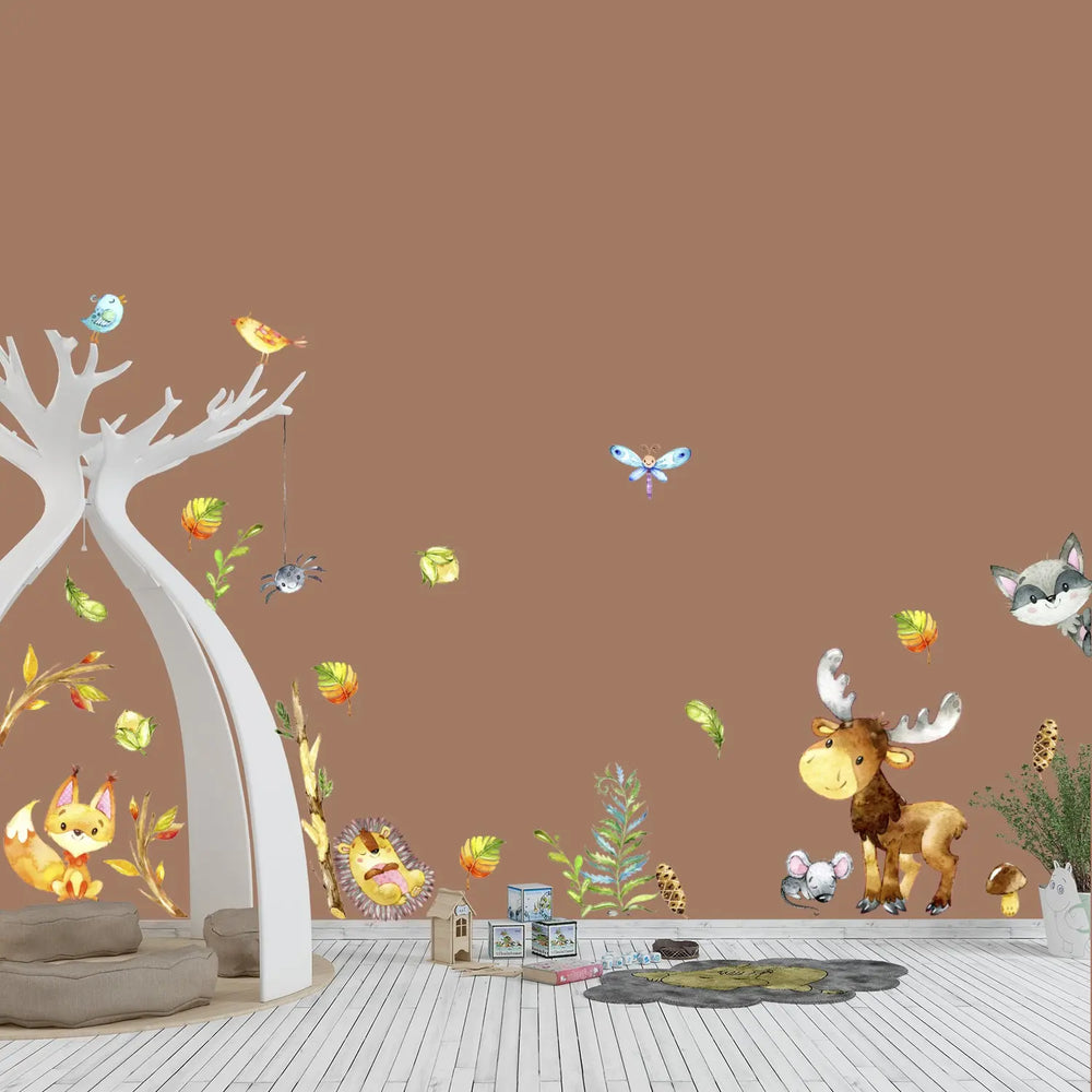 Waldtiere WandtattooXXL Set | Kinderzimmer Aufkleber bunt Wanddeko | Elch Fuchs Igel Waschbär Vogel Set Sunnywall