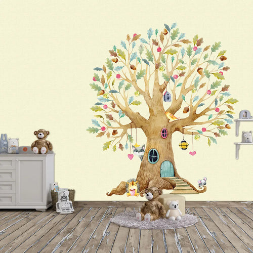 Wandtattoo Aufkleber Herbstbaum Baum mit Igel, Waschbär, Maus und Vogel mit Blättern Sunnywall