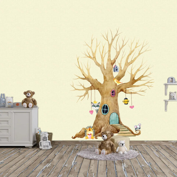 Wandtattoo Aufkleber Herbstbaum Baum mit Igel, Waschbär, Maus und Vogel mit Blättern Sunnywall