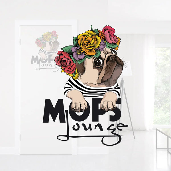 Wandtattoo Aufkleber Mops Lounge mit Blumenkranz Sunnywall