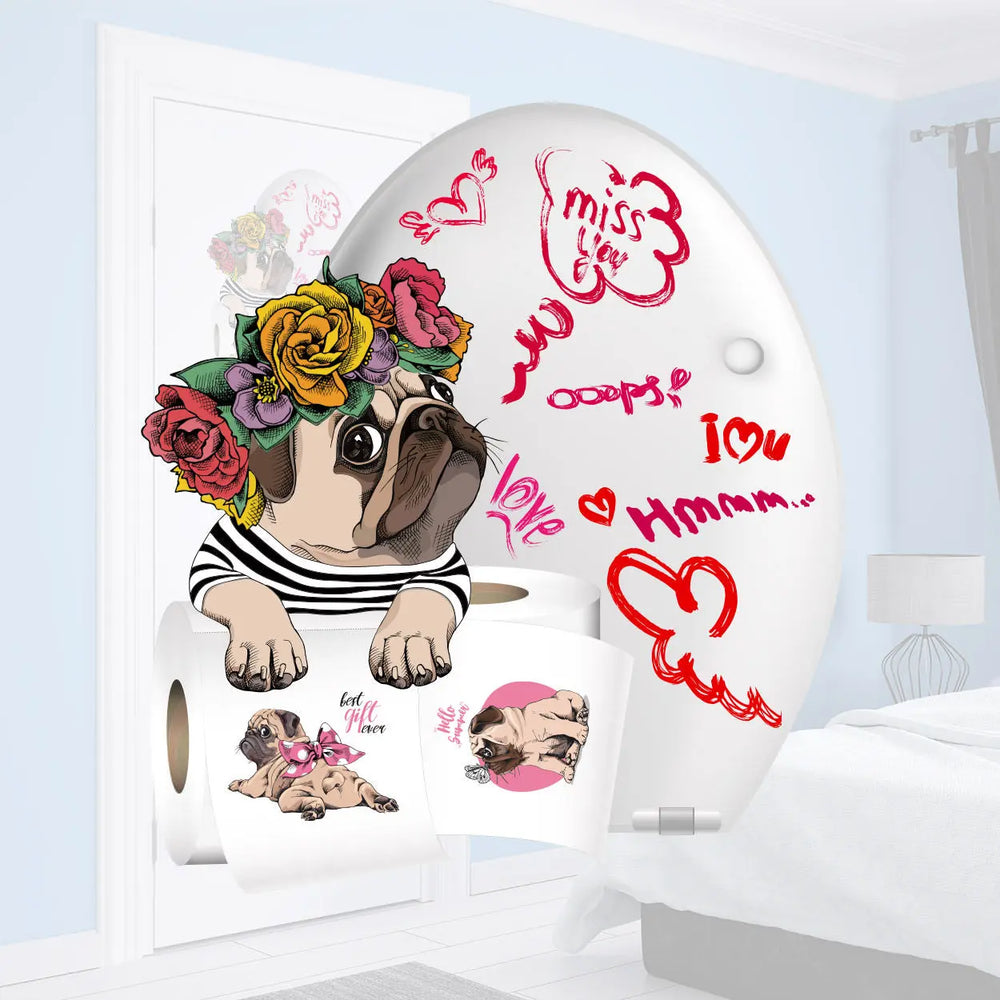 Wandtattoo Aufkleber Mops Lounge mit Blumenkranz WC Aufkleber Türaufkleber Toilettenpapier Sunnywall