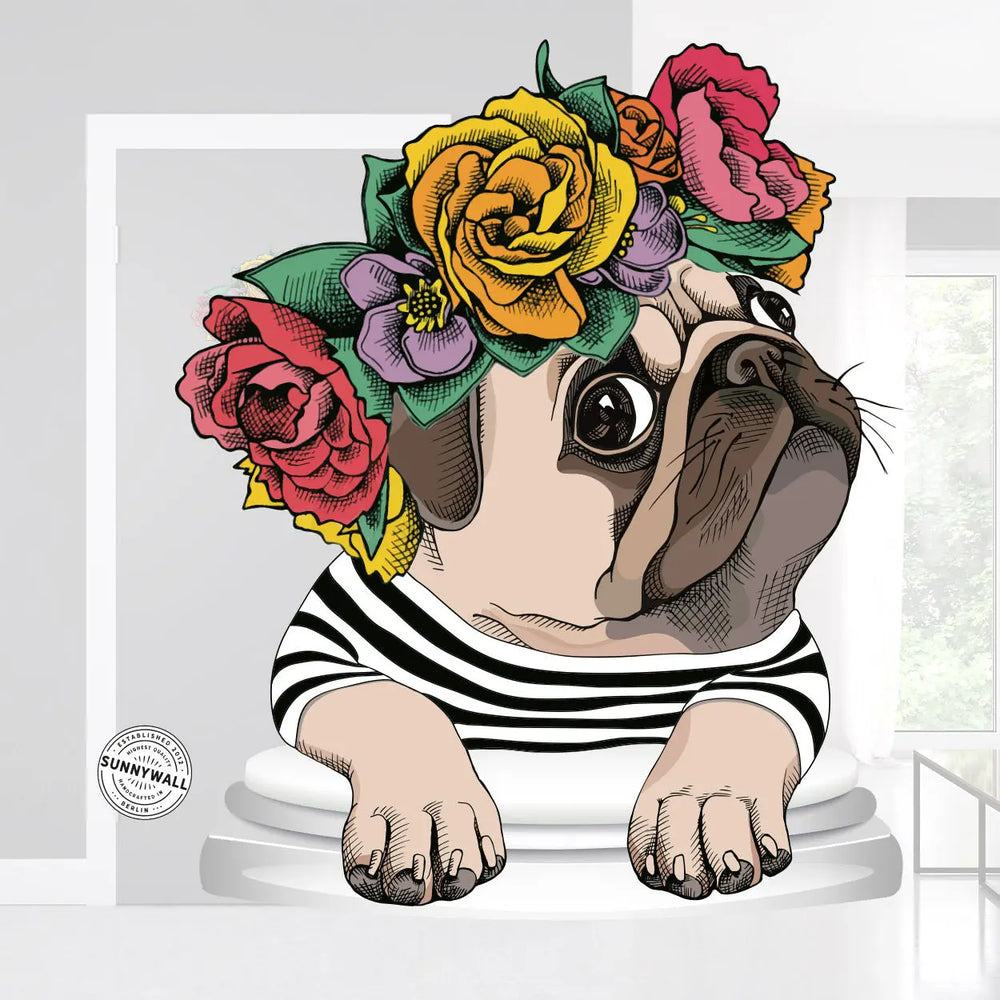 Wandtattoo Aufkleber Mops WC Aufkleber mit Blumenkranz Badaufkleber Türaufkleber Sunnywall