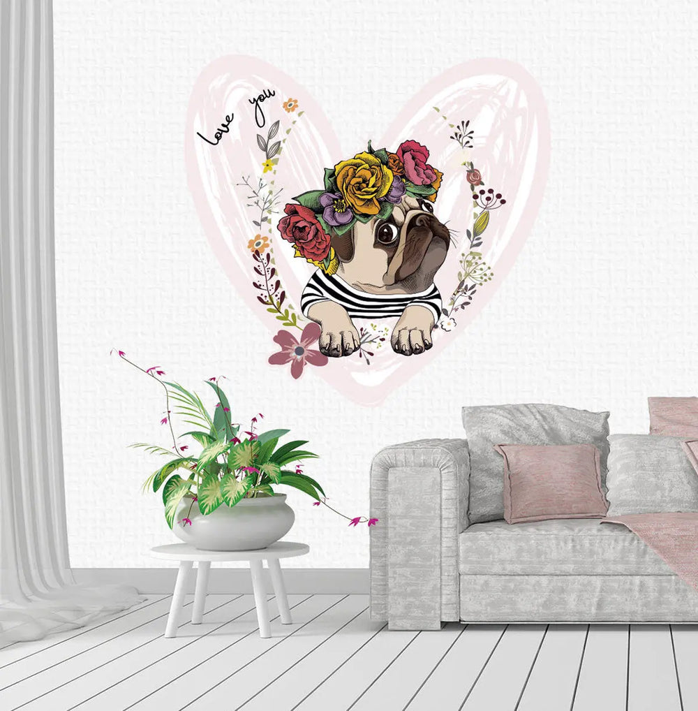 Wandtattoo Aufkleber Mops mit Blumenkranz Herz Sunnywall