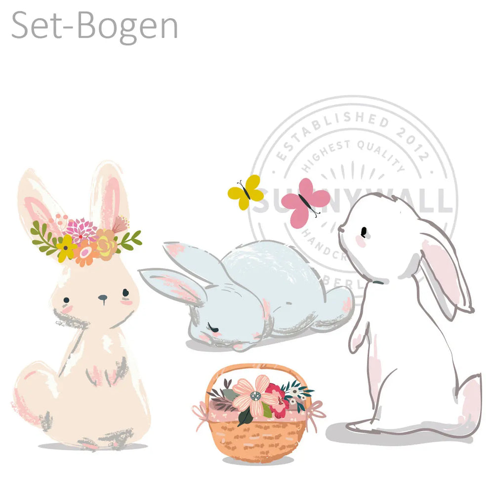 Wandtattoo - Hasen Set mit Blumenkorb und Schmetterlingen - Aufkleber Sunnywall