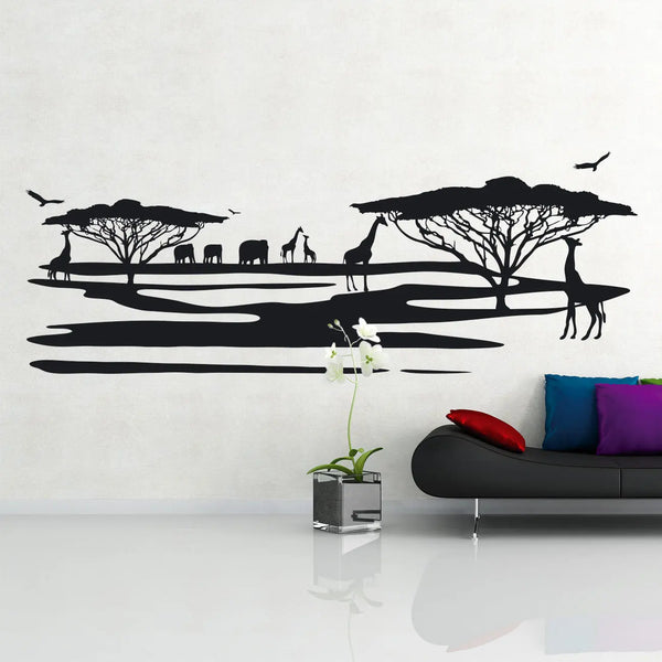 Wandtattoo - Landschaft Savanne Serengeti | Elefanten und Giraffen Sunnywall