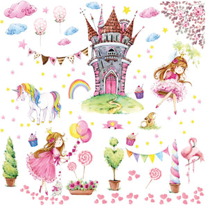 Wandtattoo Prinzessin mit Schloss XXL Set | Kinderzimmer Aufkleber bunt Wanddeko Sunnywall