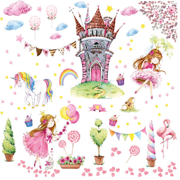 Wandtattoo Prinzessin mit Schloss XXL Set | Kinderzimmer Aufkleber bunt Wanddeko Sunnywall