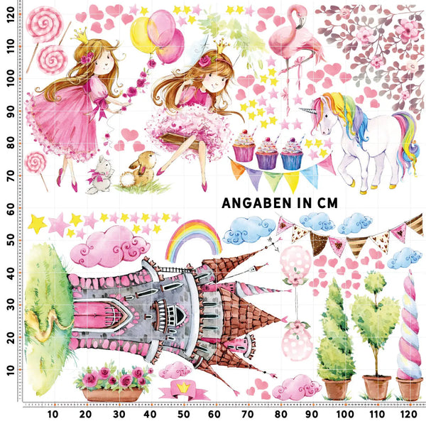 Wandtattoo Prinzessin mit Schloss XXL Set | Kinderzimmer Aufkleber bunt Wanddeko Sunnywall