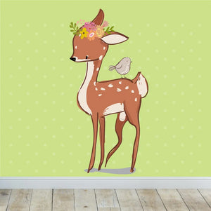 Wandtattoo Rehkitz mit Spatz - Wandsticker Aufkleber Sunnywall