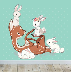 Wandtattoo - Rehkitz spielend mit Hasen - Wandsticker Aufkleber Sunnywall