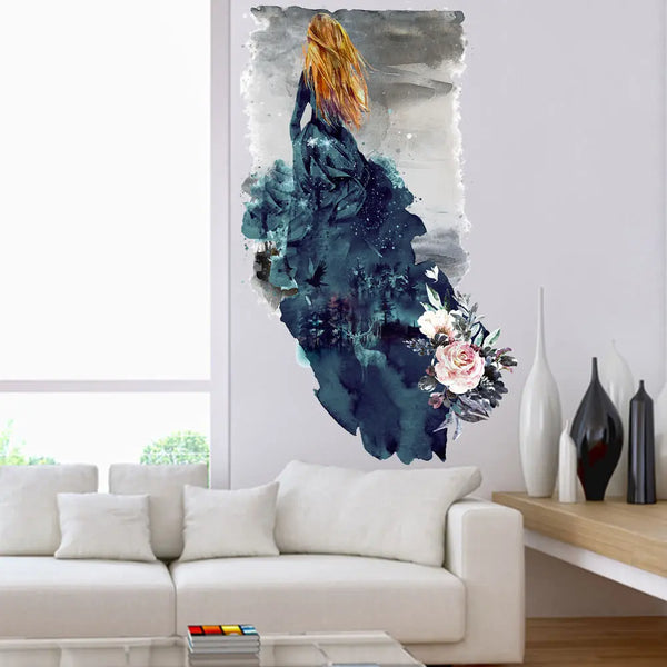 Wandtattoo - Rothaarige Frau im waldgrünem Kleid Wandsticker Aufkleber Sunnywall