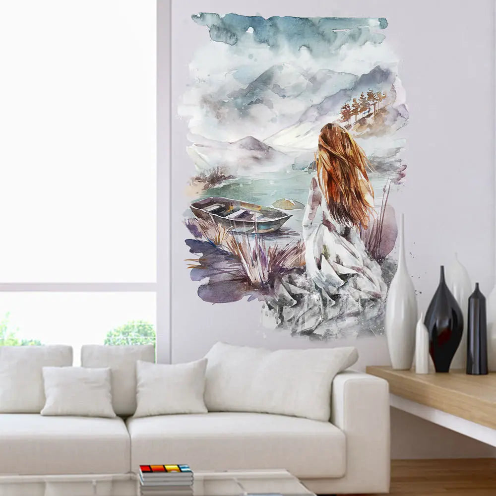 Wandtattoo - Rothaarige Frau im weissen Kleid am Ufer Wandsticker Aufkleber Sunnywall