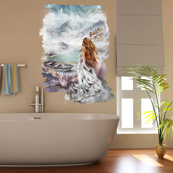 Wandtattoo - Rothaarige Frau im weissen Kleid am Ufer Wandsticker Aufkleber Sunnywall