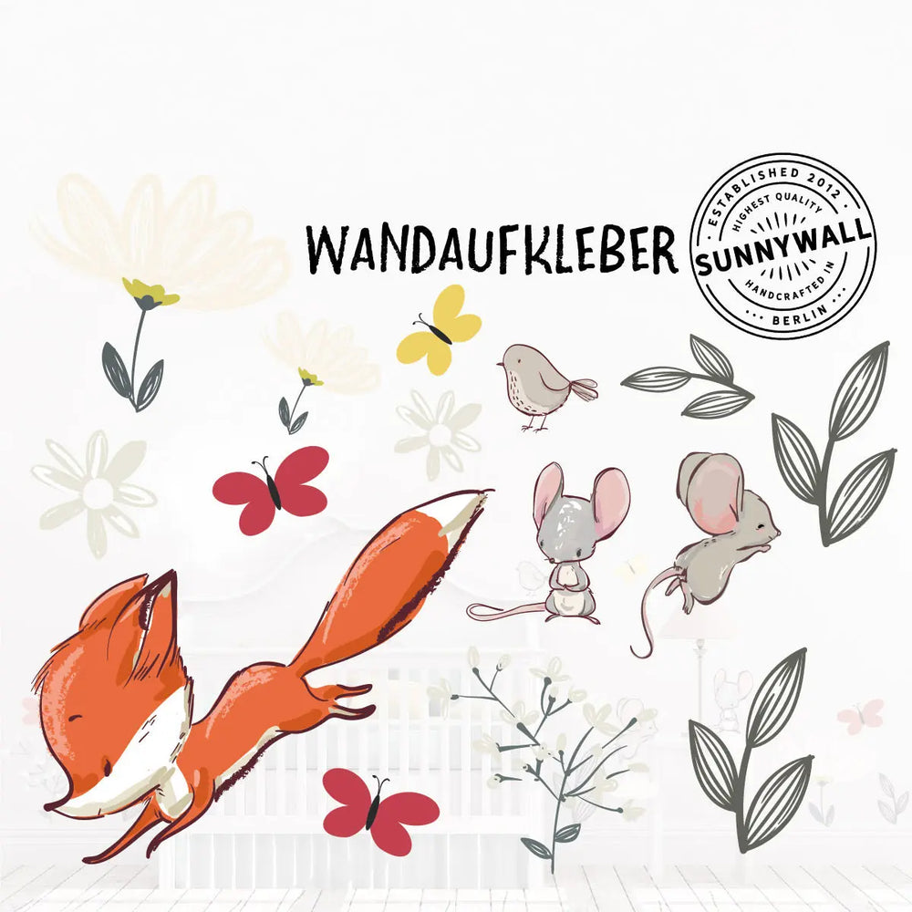 Wandtattoo Set | Fuchs & Mäuse | Vogel Blumen Schmetterling Sunnywall