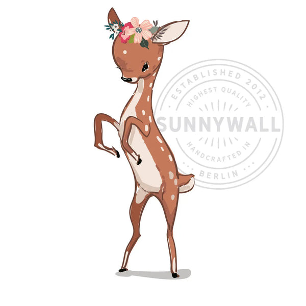 Wandtattoo - Springendes Rehkitz Mädchen mit Blumenkranz - Wandsticker Aufkleber Sunnywall