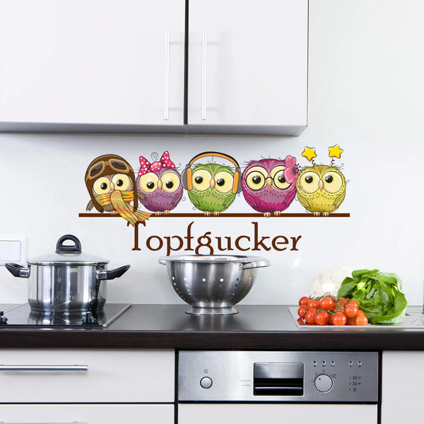 Wandtattoo Topfgucker Eulen Vögel Kochen Küche Essen Wandsticker bunt Sunnywall