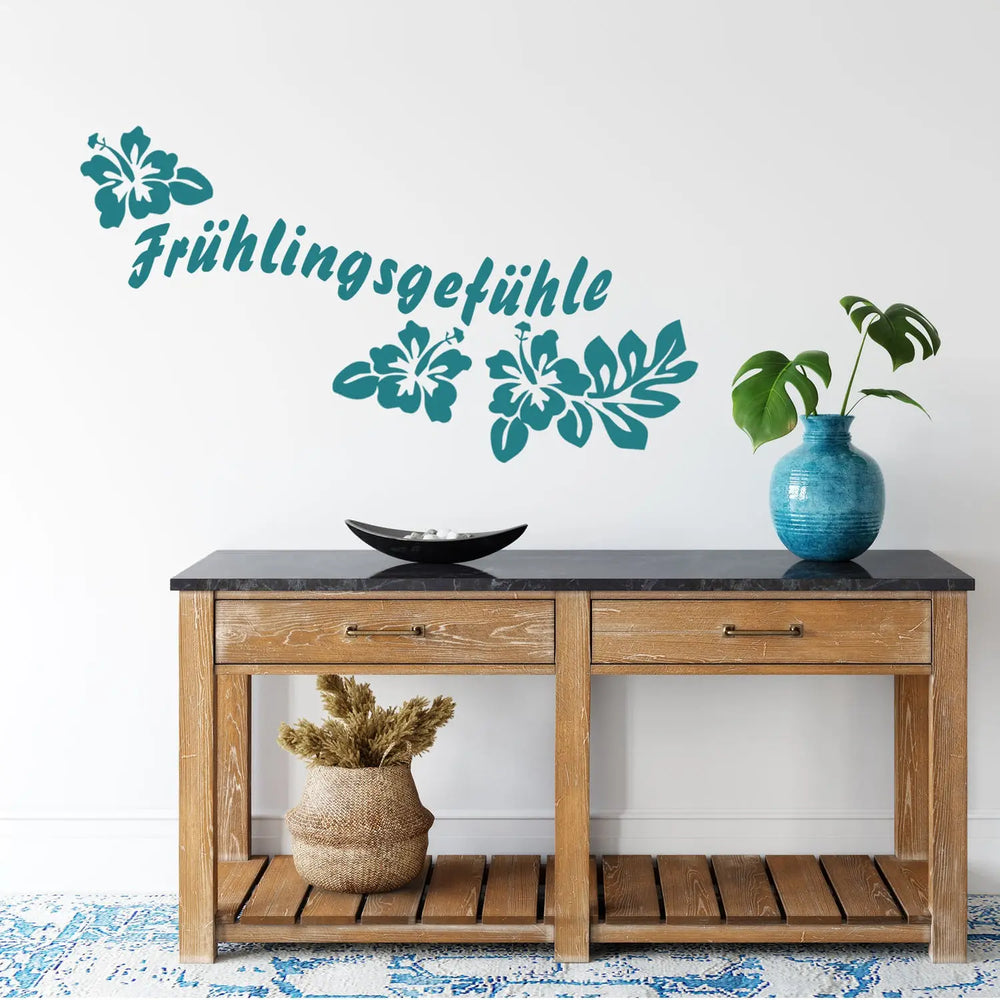 Wandtattoos Frühlingsgefühle Hibiskus Schriftzug Aufkleber Sunnywall