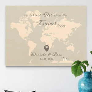 Weltkarte Holzbild für Paare, Hochzeit, Liebesgeschenk mit Wunschnamen und Datum Sunnywall