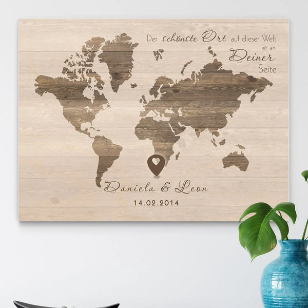 Weltkarte Holzbild für Paare, Hochzeit, Liebesgeschenk mit Wunschnamen und Datum Sunnywall