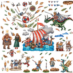 Wikingerzimmer Wandtattoo XXL Set | Kinderzimmer Aufkleber bunt Wanddeko Sunnywall