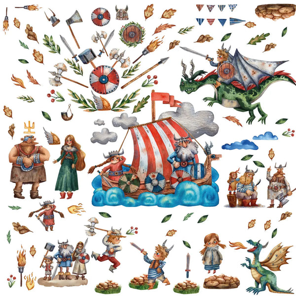 Wikingerzimmer Wandtattoo XXL Set | Kinderzimmer Aufkleber bunt Wanddeko Sunnywall