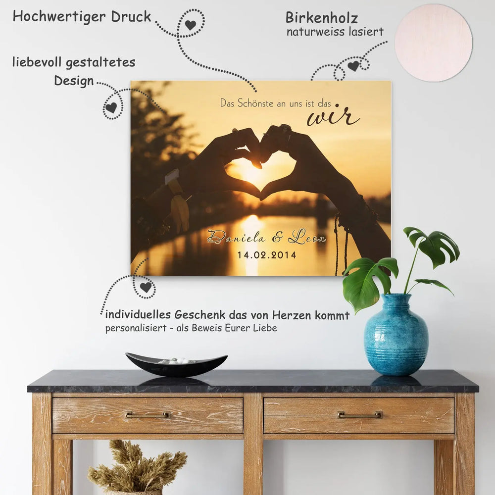 Wir - Holzbild für Paare, Hochzeit, Liebesgeschenk mit Wunschnamen und Datum Sunnywall
