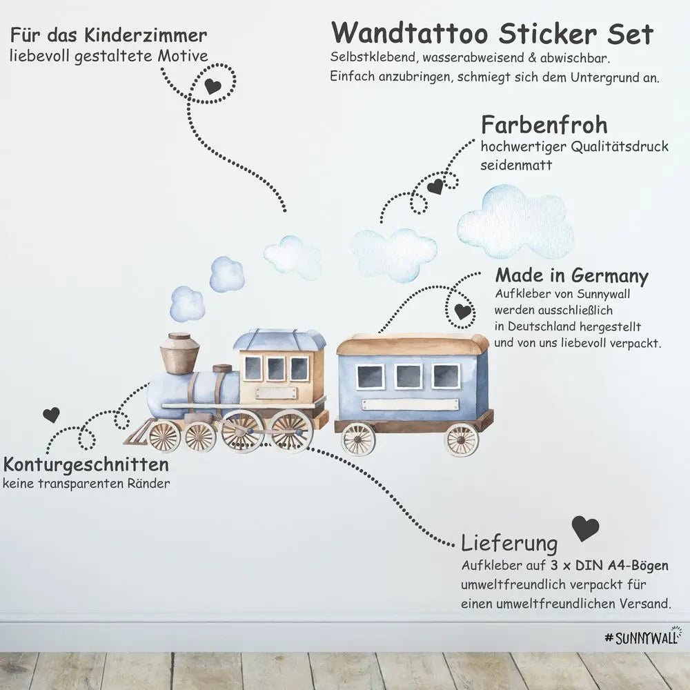 B-Ware Wandtattoo Zug Kinderzimmer – 3x A4 Wandsticker Set in Blau - Sunnywall - Individualität trifft Design