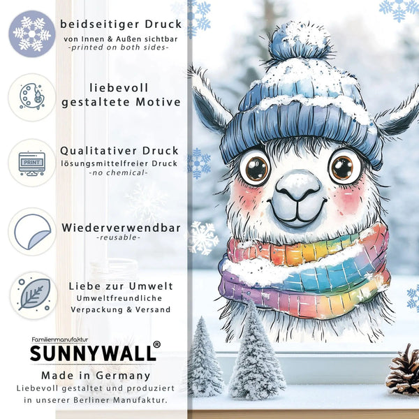 Fensterbild Alpaka Winter mit Mütze und Schal – beidseitig bedruckt, statisch haftend & wiederverwendbar - Sunnywall - Individualität trifft Design