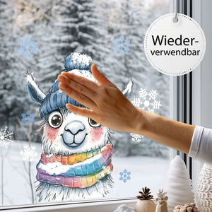 Fensterbild Alpaka Winter mit Mütze und Schal – beidseitig bedruckt, statisch haftend & wiederverwendbar - Sunnywall - Individualität trifft Design