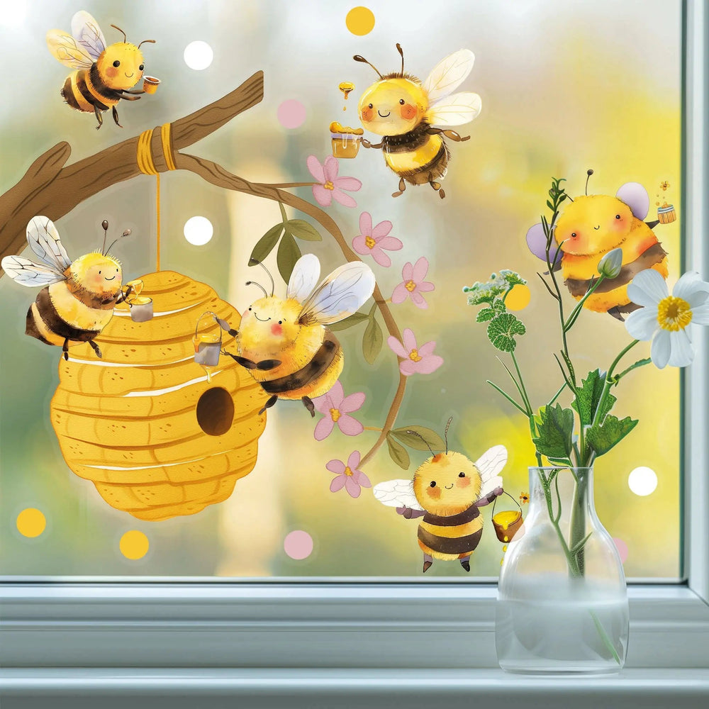 🎁 Fensterbild Bienen auf Honigsuche im Kirschbaum | Fenster Dekoration (100% off) - Sunnywall - Individualität trifft Design