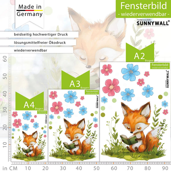 Fensterbild Buch lesender Fuchs im Blumenmeer | Fenster Dekoration - Sunnywall - Individualität trifft Design